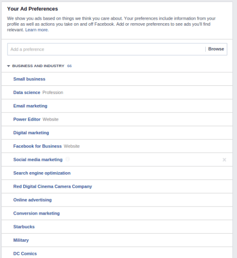 Intereses perfil facebook inicial