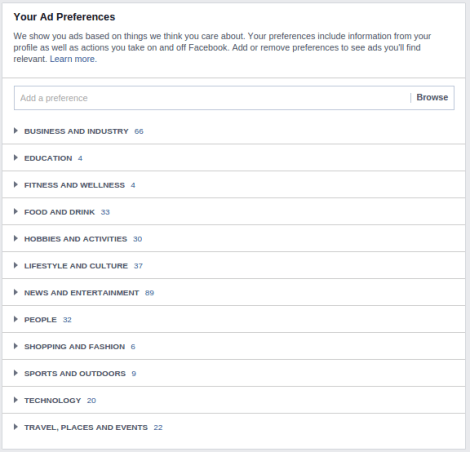 Perfil de Facebook intereses inicio